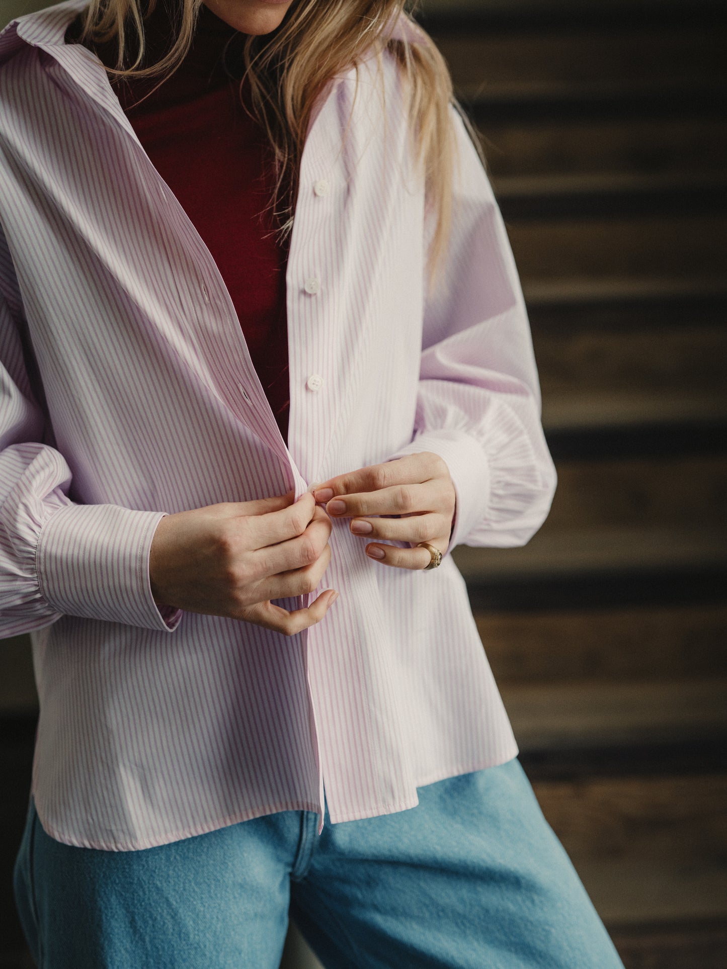 Balloon Sleeve Shirt in Pink Stripe